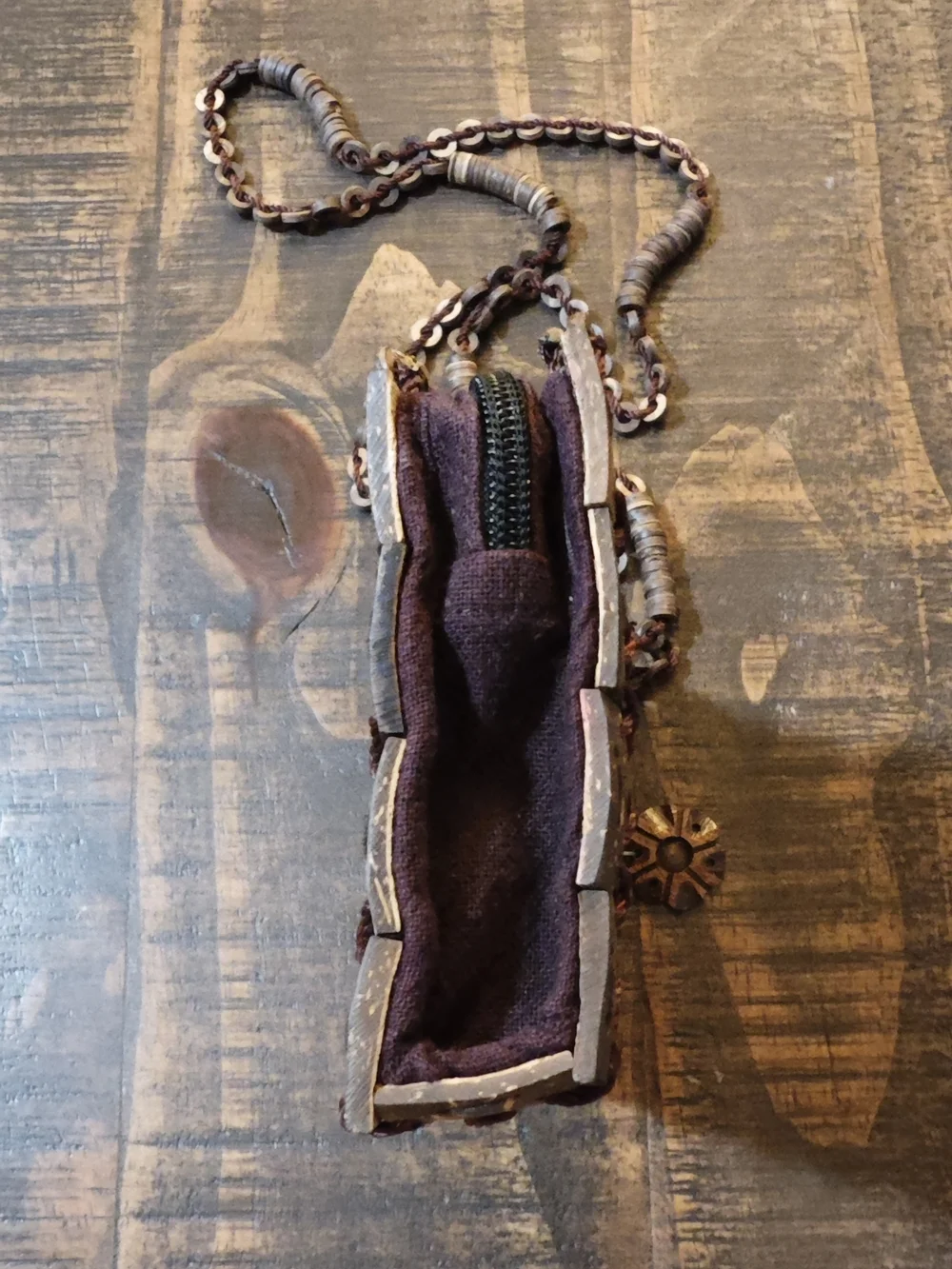 Handcrafted Thai Coconut Shell Cross-Stitch Shoulder Bag in Brown-Tone